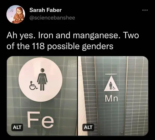 "Ah yes. Iron and manganese. Two of the 118 possible genders" Picture of bathroom signs labeled "Fe" and "Mn"