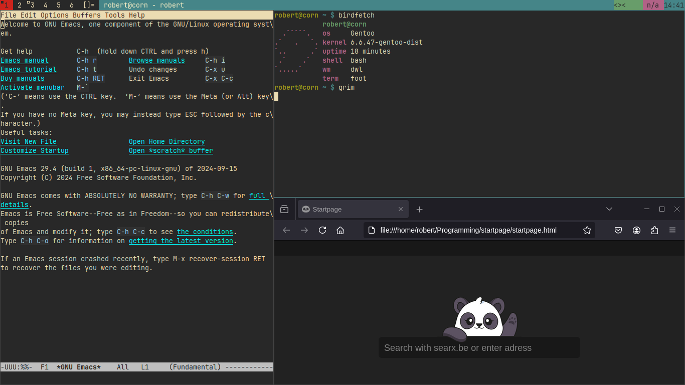 The screenshot shows three windows: emacs, a terminal and firefox.