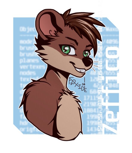 Digital bust art of a brown and tan-furred otter with green eyes, grinning at the viewer and on a contrasting, abstract light blue background with a white border and text.