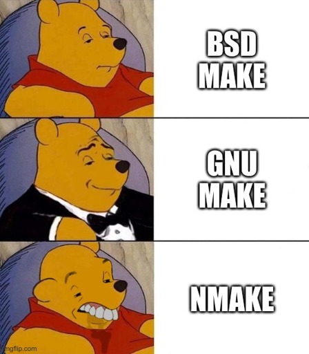 Winnie the Pooh: BSD make Posh Winnie the Pooh: GNU make Dumb Winnie the Pooh: NMake