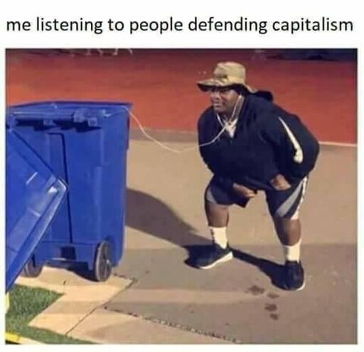 Image depicting a person wearing a hat and sportswear, crouched down and appearing to listen to something coming from a trash bin, with a caption “me listening to people defending capitalism”.