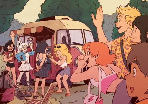 RWBY girls eating ice cream in front of a camper with JNRO greeting from the side.