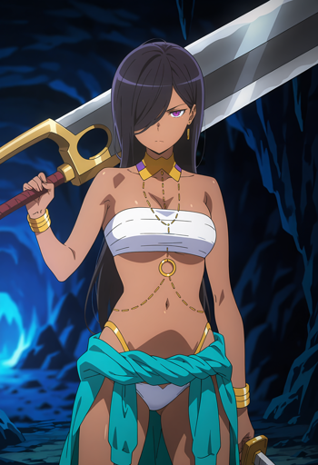 A woman with purple eyes and long black hair covering one eye. She is wearing a white bandeau top and a matching white bikini bottom, adorned with gold chains and a gold necklace, with a teal shirt tied around her waist. Her expression is serious and focused. She holds a large, silver sword with a golden hilt and a red grip, resting it on her shoulder. The background is a dark, cave with blue and purple hues, illuminated by soft, diffused light. 