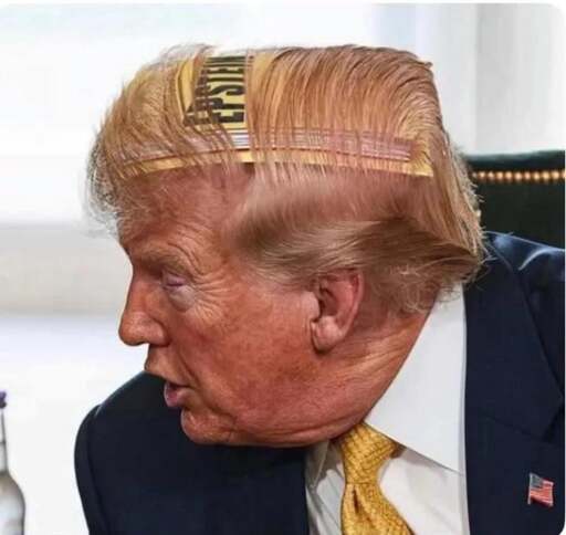 a photoshopped image of trump, where a folder that says Epstein is hidden under his hair
