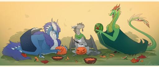 Two dragons carving pumpkins for halloween, and a 3rd one carving a watermelon.
The first one is carving a tsu (ツ) katakana, the second one is carving the typical Jack-o-lantern face, and the 3rd one has carved a creeper face into the watermelon.