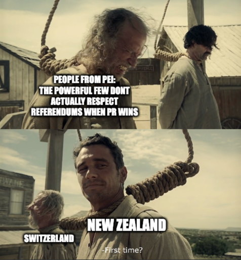 First time meme of men in gallows: Frame 1 upset man: "People from pei in: The powerful few dont actually respect referendums when pr wins" Frame 2 New Zealand with Switzerland Responds "First Time"