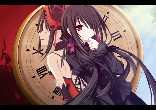 A picture of Kurumi in both version in front of a clock