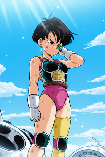 A woman with short black hair and brown tail wrapped around her waist, wearing a pink leotard and futuristic body armor. The armor is predominantly dark green with white accents, yellow panels, and knee pads. She stands confidently with one hand down by her side and the other touching a green apparatus she is wearing over her eye, sweating profusely. The background shows a bright blue sky with scattered white clouds and a few falling particles and white and gray machinery littering the ground at the bottom of the image.