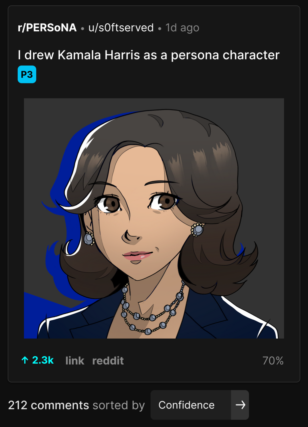 a reddit post titled "I drew Kamala Harris as a Persona character"