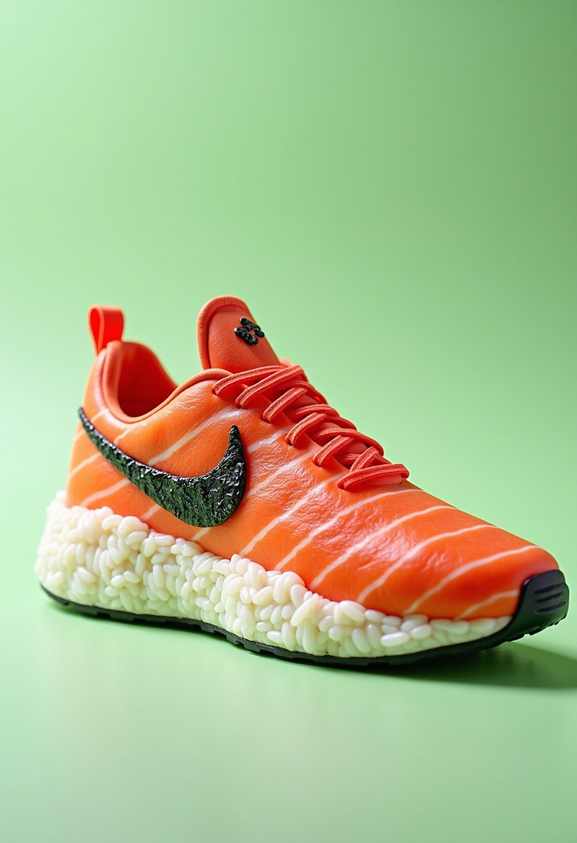 A sneaker designed to resemble a piece of salmon sushi, with the upper part mimicking the texture and color of salmon, complete with a green seaweed-like embellishment in the shape of a Nike swoosh. The midsole is white and textured to look like rice grains, while the outsole is black. 