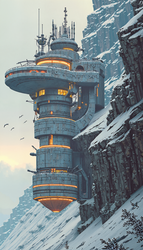 A futuristic, cylindrical structure with multiple levels with illuminated windows and various antennas and equipment built into the side of a snowy mountain cliff. The design of the building is sleek and industrial, with glowing orange lights accentuating its advanced appearance. Birds are seen flying around the structure, adding a sense of scale and liveliness to the scene. 