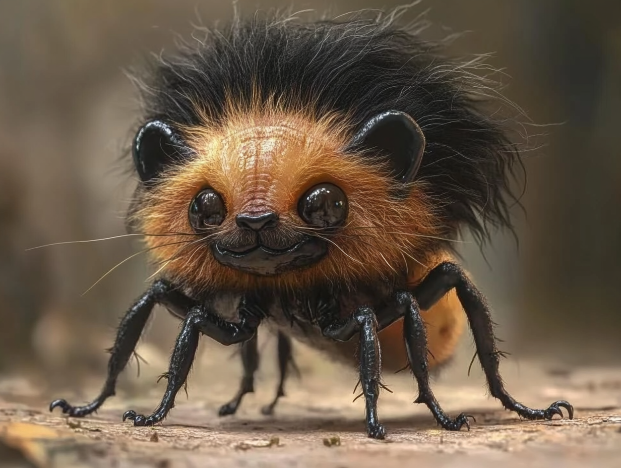 OMG, okay, like, imagine the cutest little creature that’s part ant and part lion! It’s got this shiny black ant body, but its face is all round and adorable with big, glossy eyes that just make it look so sweet. And then, get this—it has this crazy, fluffy lion mane around its head, which totally makes it look like a little rockstar. The mane is all dark and wild, kinda like bedhead but in a cute way. It’s just chillin’ on the ground, with those little ant legs looking ready to explore. It’s totally like a tiny lion-ant hybrid with a mega cuteness overload!