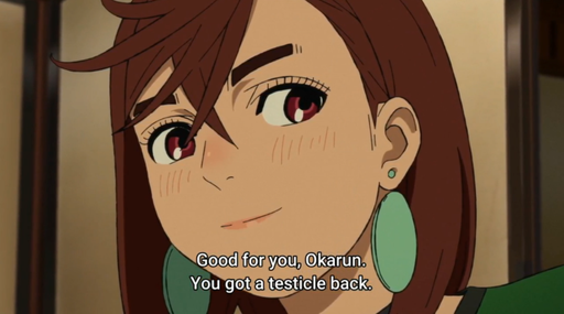 Ayase from Dandadan saying "Good for you, Okarun. You got a testicle back"