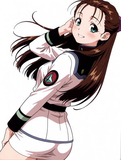 A young woman with long brown hair and green eyes. She is wearing a white military-style uniform with black accents and a green and red emblem on the sleeve. She is facing away from the viewer, with one hand on her head and the other resting on her hip, looking over her shoulder while smiling at the viewer. 