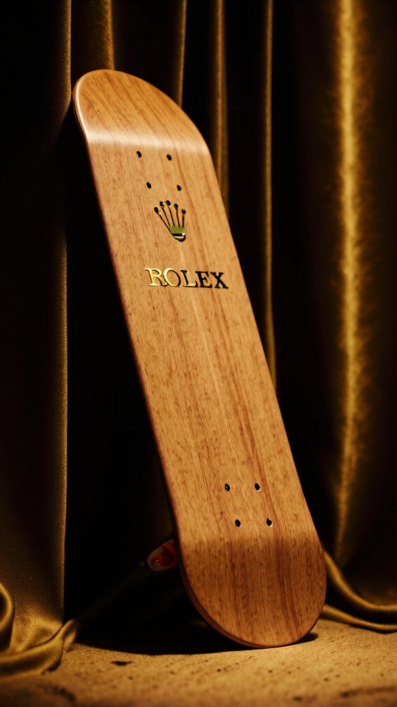 A wooden skateboard deck leaning against a draped golden curtain, creating an elegant and luxurious backdrop. The skateboard deck is positioned vertically, and the wood grain is prominently visible. On the upper half of the deck, there is a gold logo resembling a crown above the word “ROLEX” in capital letters.