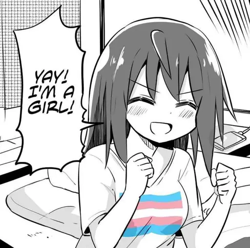 A girl with a trans flag shirt happily exclaims "Yay! I'm a girl!"