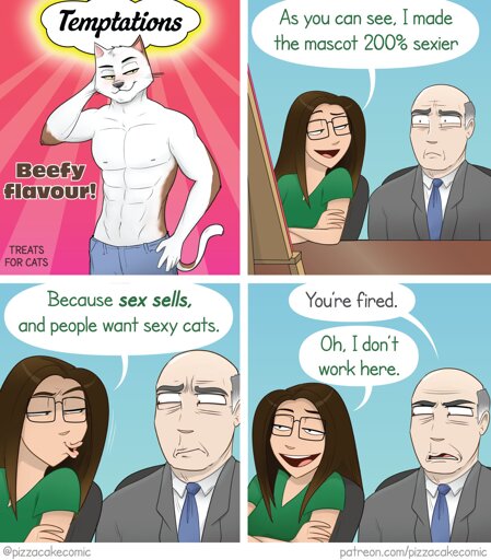 Comic where an artist proposes Temptations cat treats use a sexy Anthro mascot
