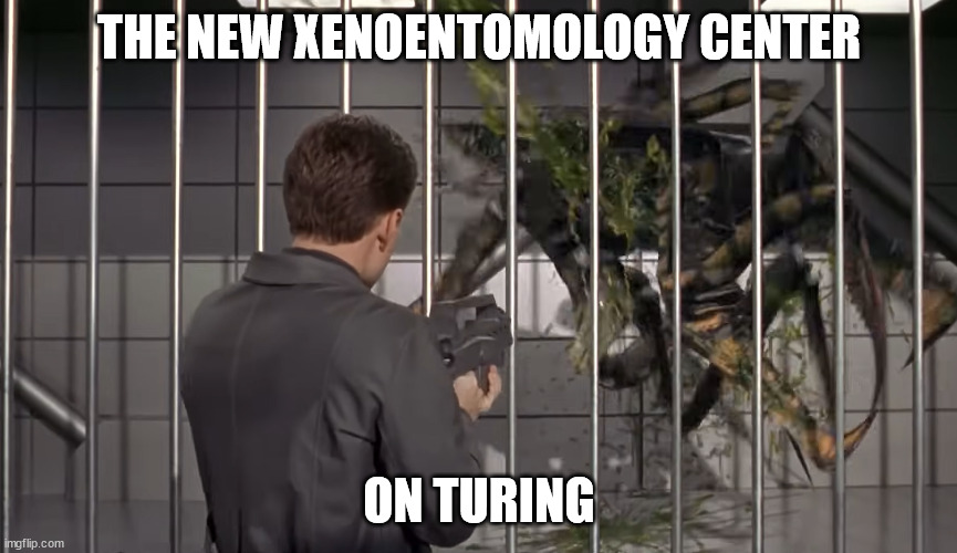 A still frame from the movie starship troopers. A bug behind bars is getting shot by a soldier. Overlayed is the caption 'The new Xenoentomology center on Turing'.