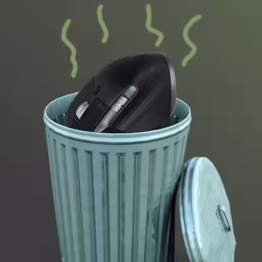 "MX Master 3s" mouse in garbage can with stink lines coming off of it.