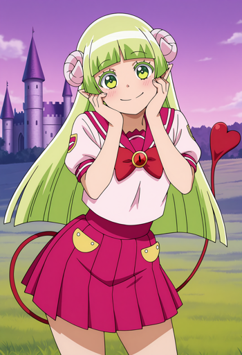 A girl with long light green hair, green eyes, pointed ears, and light pink, curled horns stands with her hands framing her smiling face. She wears a school uniform consisting of a white, short-sleeved blouse with red trim and a large red bow, and a pleated magenta skirt with yellow, pocket-like details. A slender red tail with a heart-shaped tip curls behind her. The background features a grassy field under a purple sky, with a purple and gray castle visible in the distance on the left.