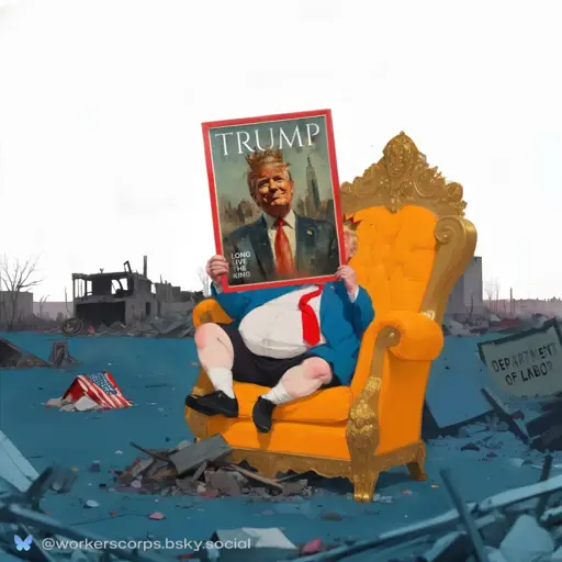 Trump sits admiring his fake king magazine cover in a post-apocalyptic wasteland