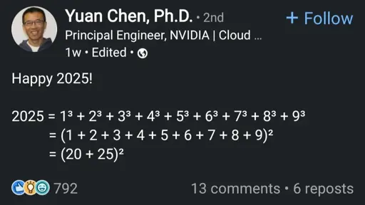 happy 2025!
2025 = (sum of cubes of 1 through 9)
= square of the sum of 1 to 9
= square of (20 + 25)