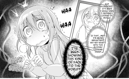 Crop of a page from Bocchi the Rock Anthology Comic. Bocchi is looking terrified at a mirror. Her internal monologue reads: "Eh? A mirror?! It's been a while I properly looked at myself. Is that... me?! I'm being reflected?! What's with this gloomy looking face? I've been showing this kind of face to the world?"!