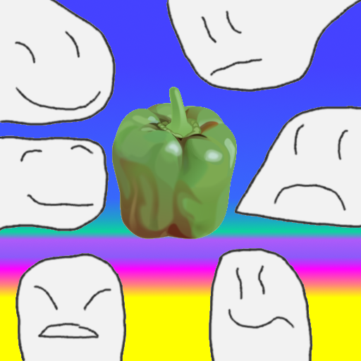 Simply-drawn faces expressing various emotions, surrounding a GIMP pepper in front of a brightly-coloured gradient background.