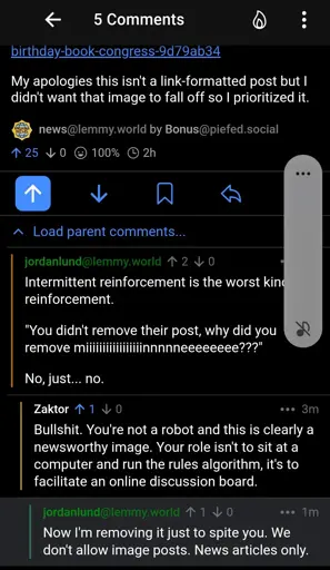 An image of three chained comments between jordanlund@lemmy.world and zaktor@sopuli.xyz. The last message by JL reads "Now I’m removing it just to spite you. We don’t allow image posts. News articles only."