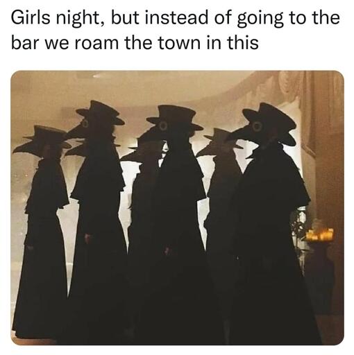 A meme with the caption: "Girls night, but instead of going to the bar, we roam the town in this"; followed by a picture of people wearing plague doctor costumes.